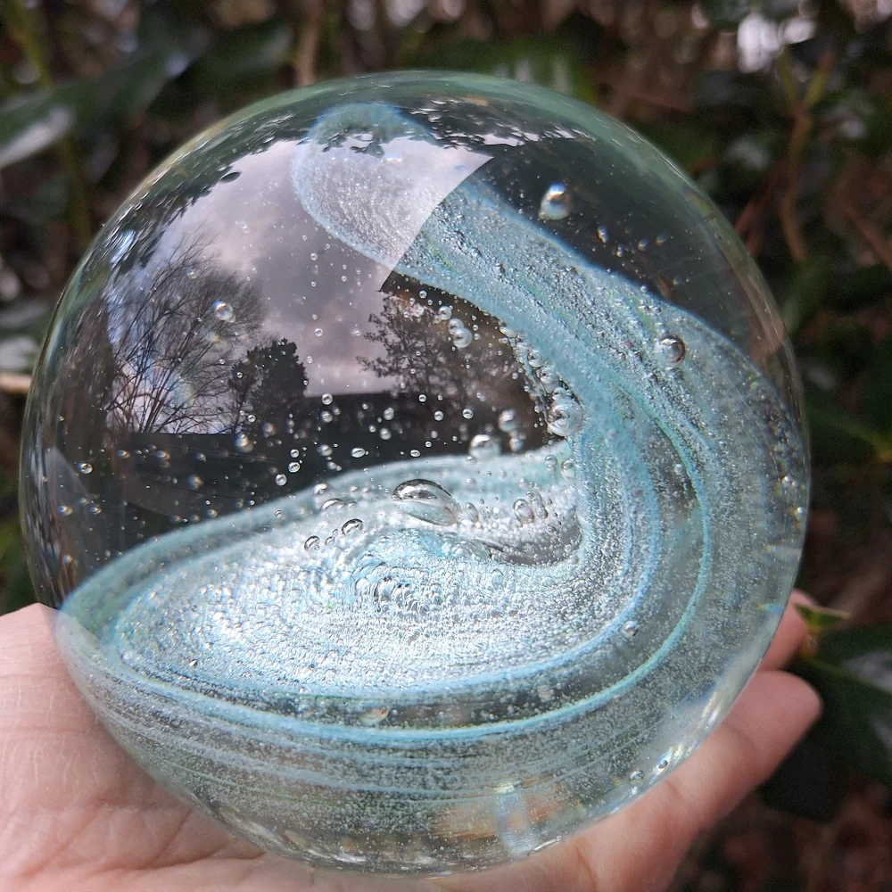 Bubble Glass Paper Weight Hand Made Blown Magic Teal Aqua Green Tinted Pearl - Picture 14 of 16